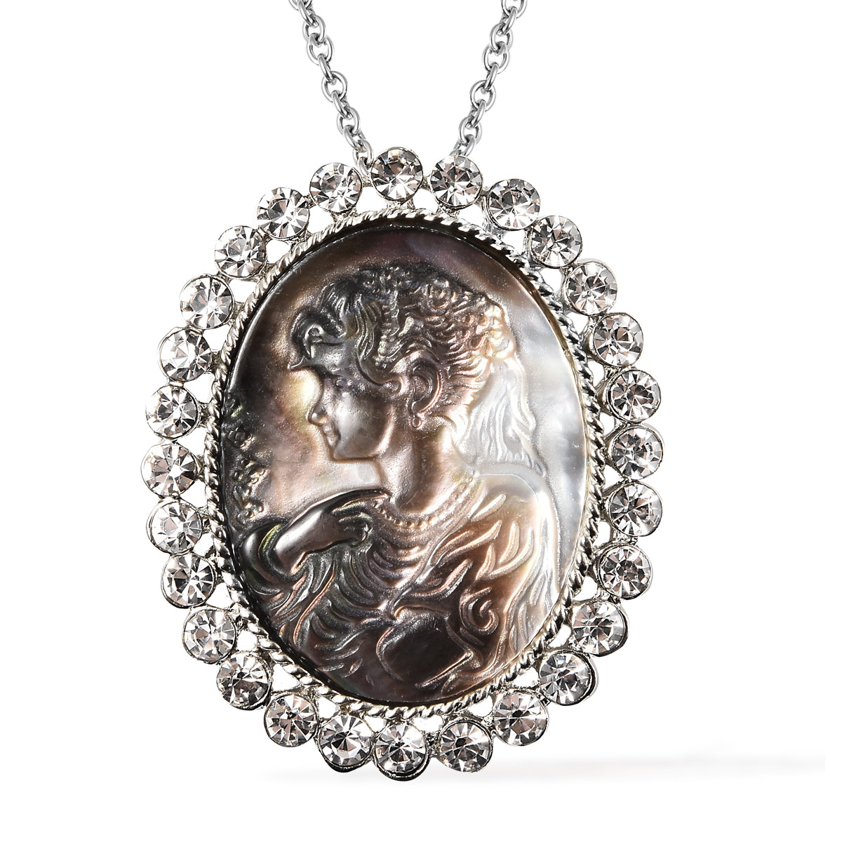 Women's Cameo and White Austrian Crystal Pendant Necklace