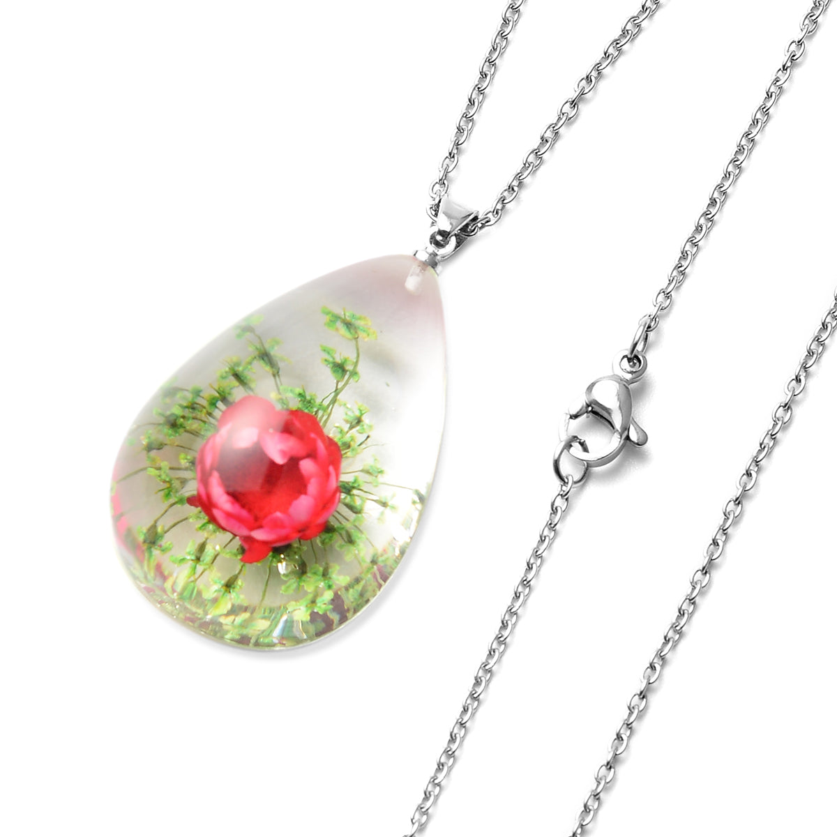 Stylish Red and Green Resin Floral Earrings and Pendant Necklace