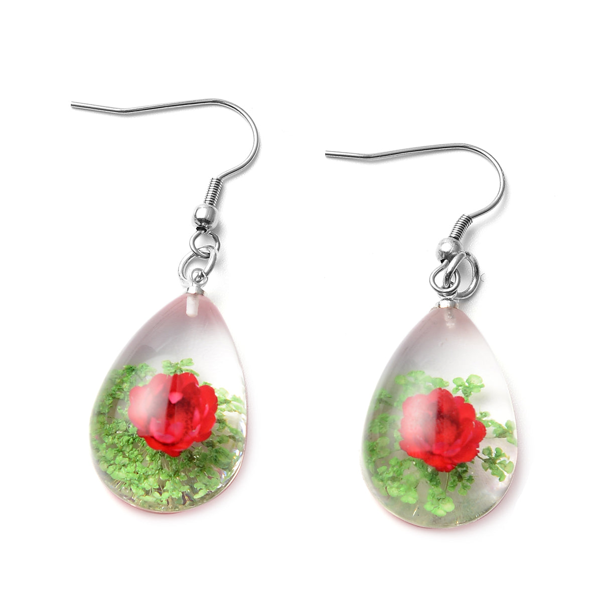 Stylish Red and Green Resin Floral Earrings and Pendant Necklace