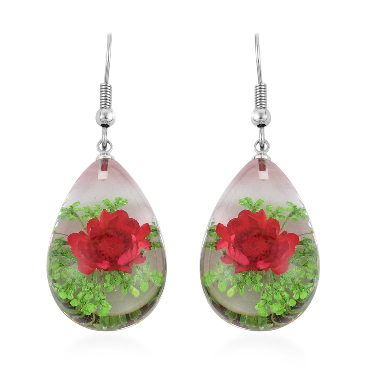 Stylish Red and Green Resin Floral Earrings and Pendant Necklace