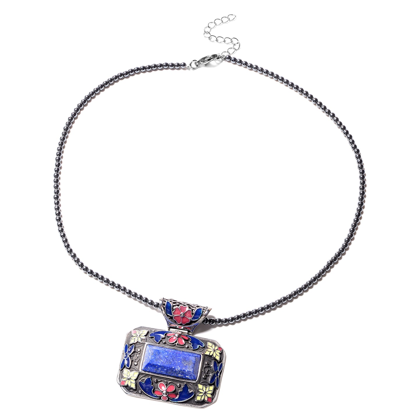 Lapis Lazuli and Enameled Pendant With Hematite Beads Necklace 18 Inch
