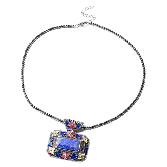 Lapis Lazuli and Enameled Pendant With Hematite Beads Necklace 18 Inch