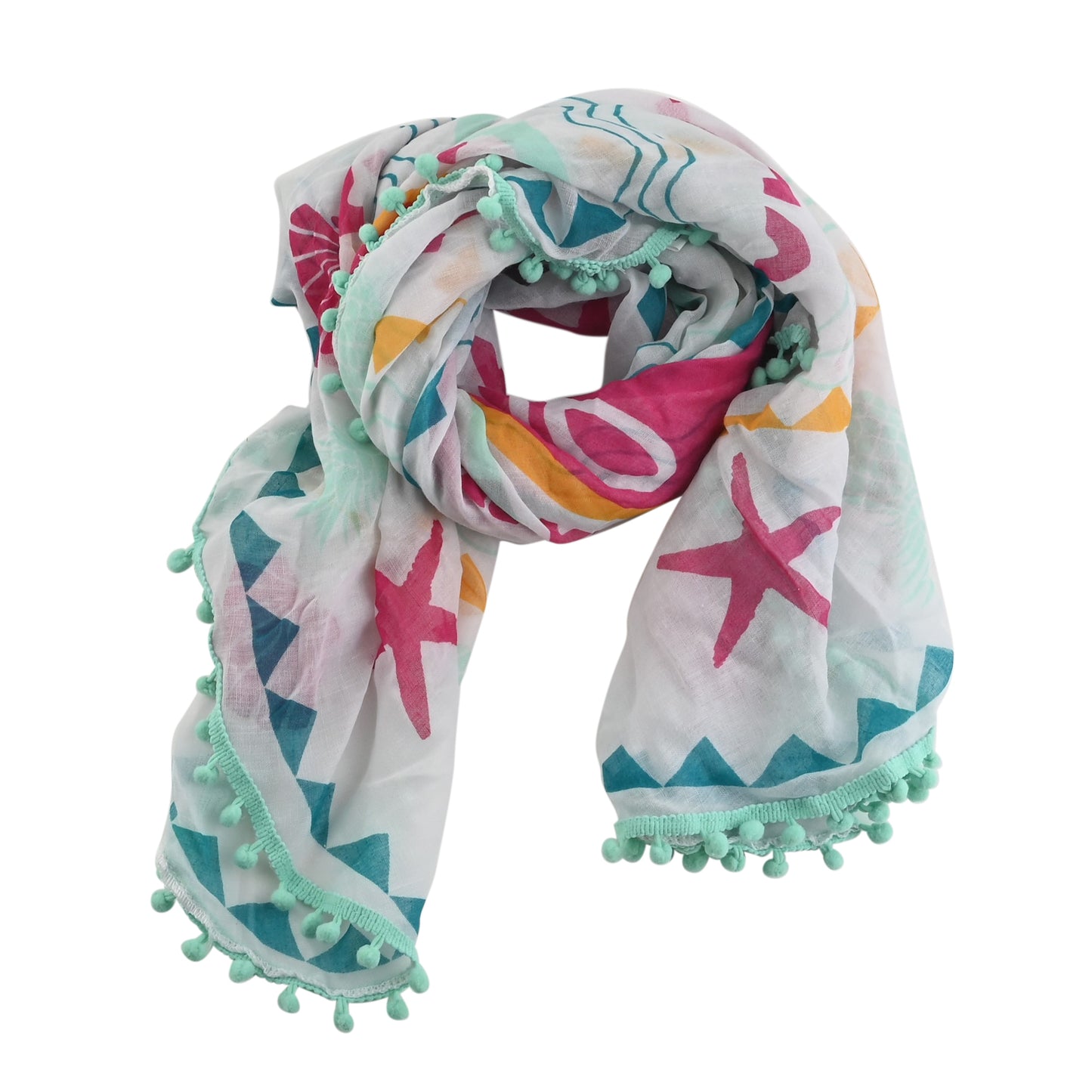 Stylish Multi Color Tropical Print Scarf with Pom Pom Trim