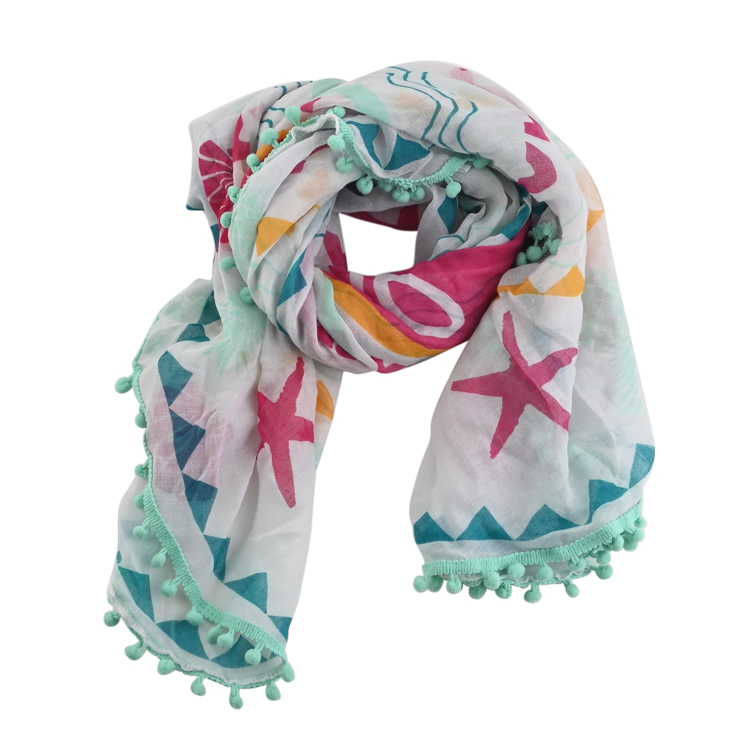 Stylish Multi Color Tropical Print Scarf with Pom Pom Trim