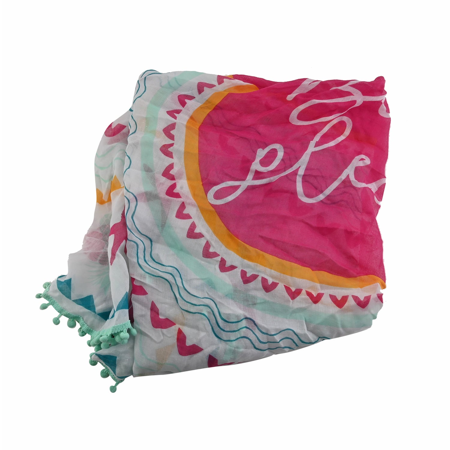 Stylish Multi Color Tropical Print Scarf with Pom Pom Trim