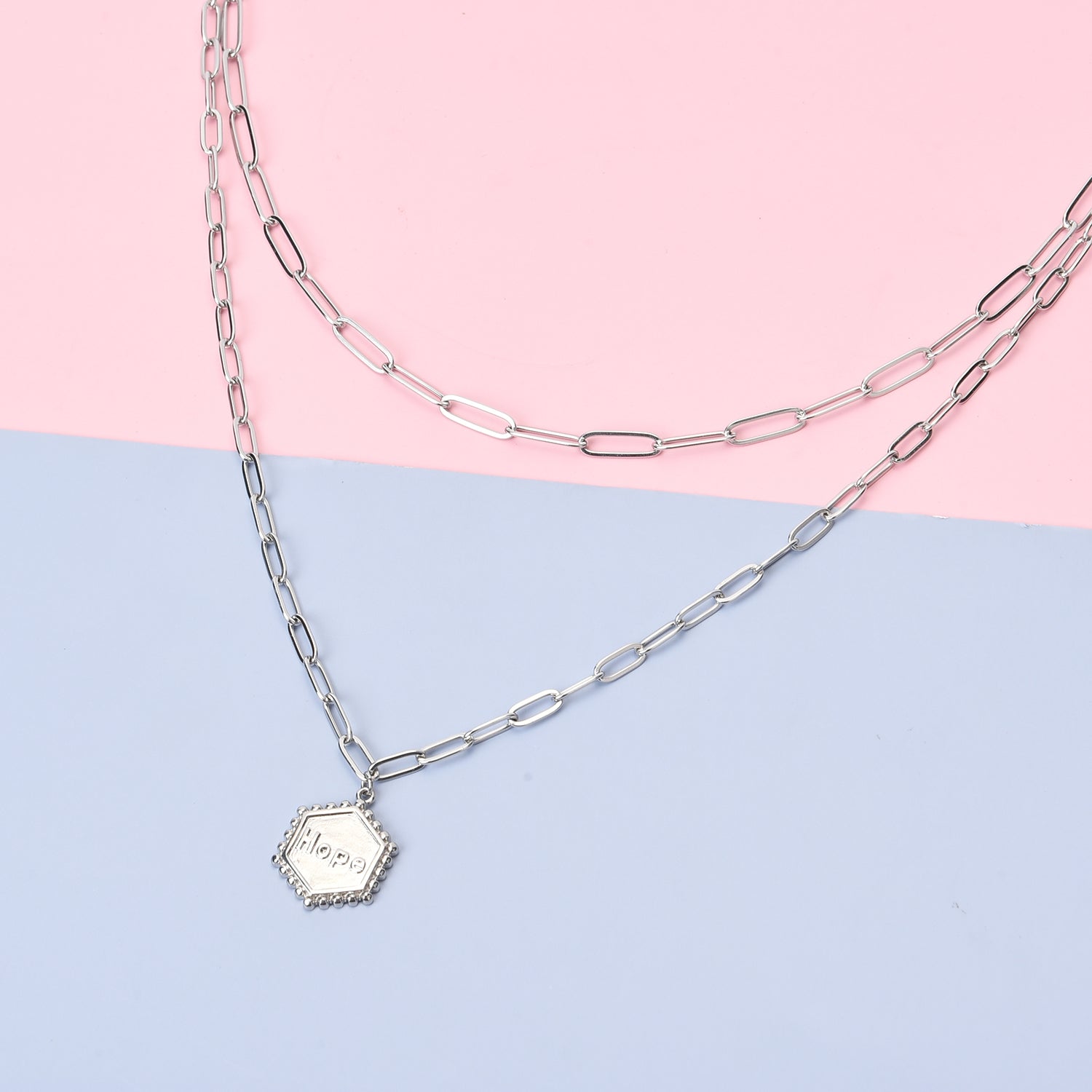 Hexagonal Hope Charm Layered Paper Clip Necklace