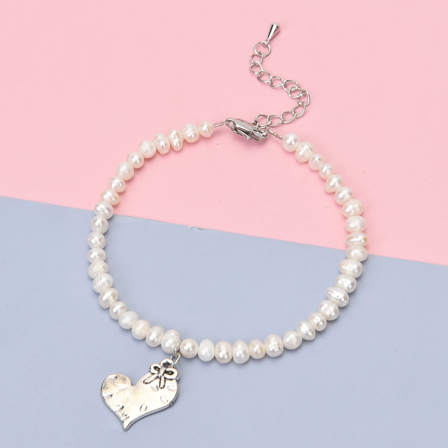 White Freshwater Cultured Pearl Heart Charm Anklet