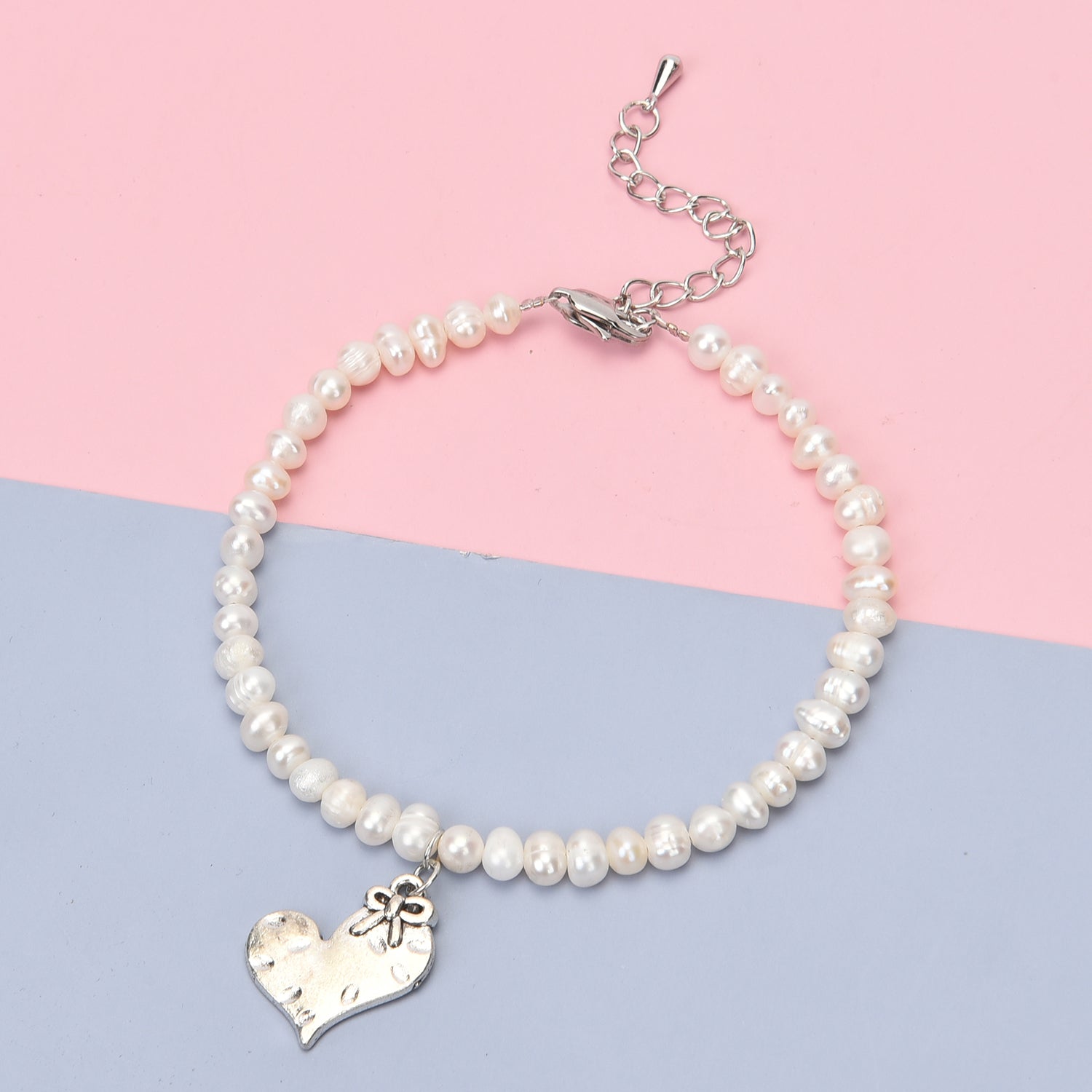White Freshwater Cultured Pearl Heart Charm Anklet