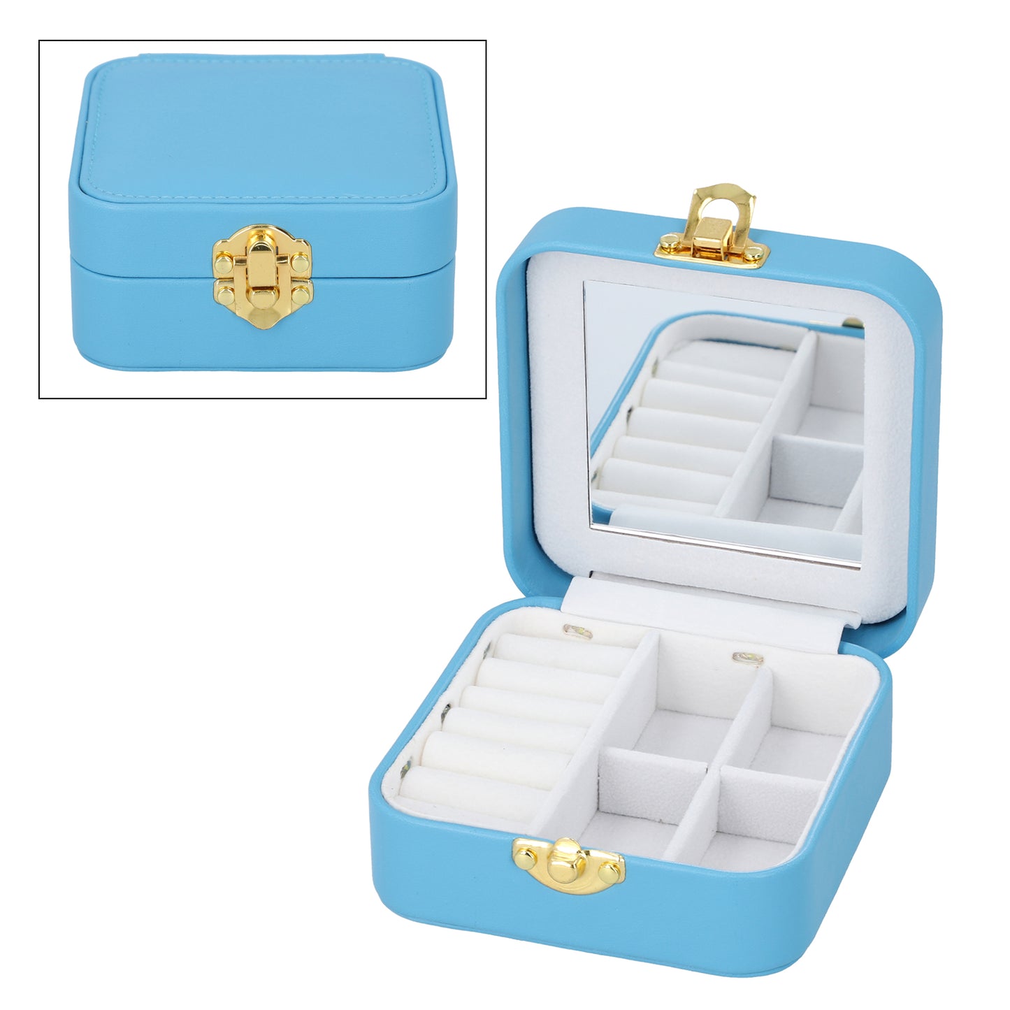 Faux Leather LED Light Travel Jewelry Box with Latch Clasp & Mirror