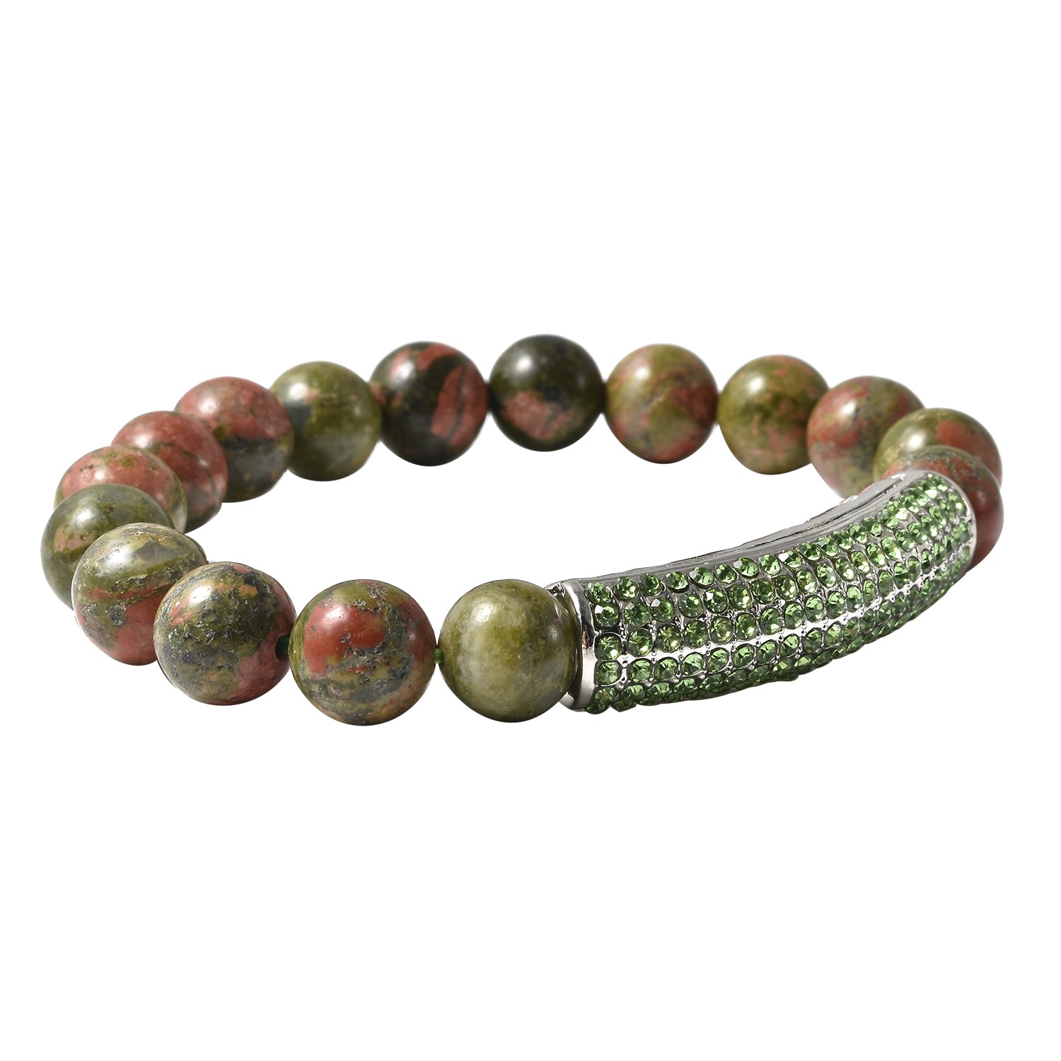 Unakite Beaded and Neon Green Crystal Bracelet with Center Charm