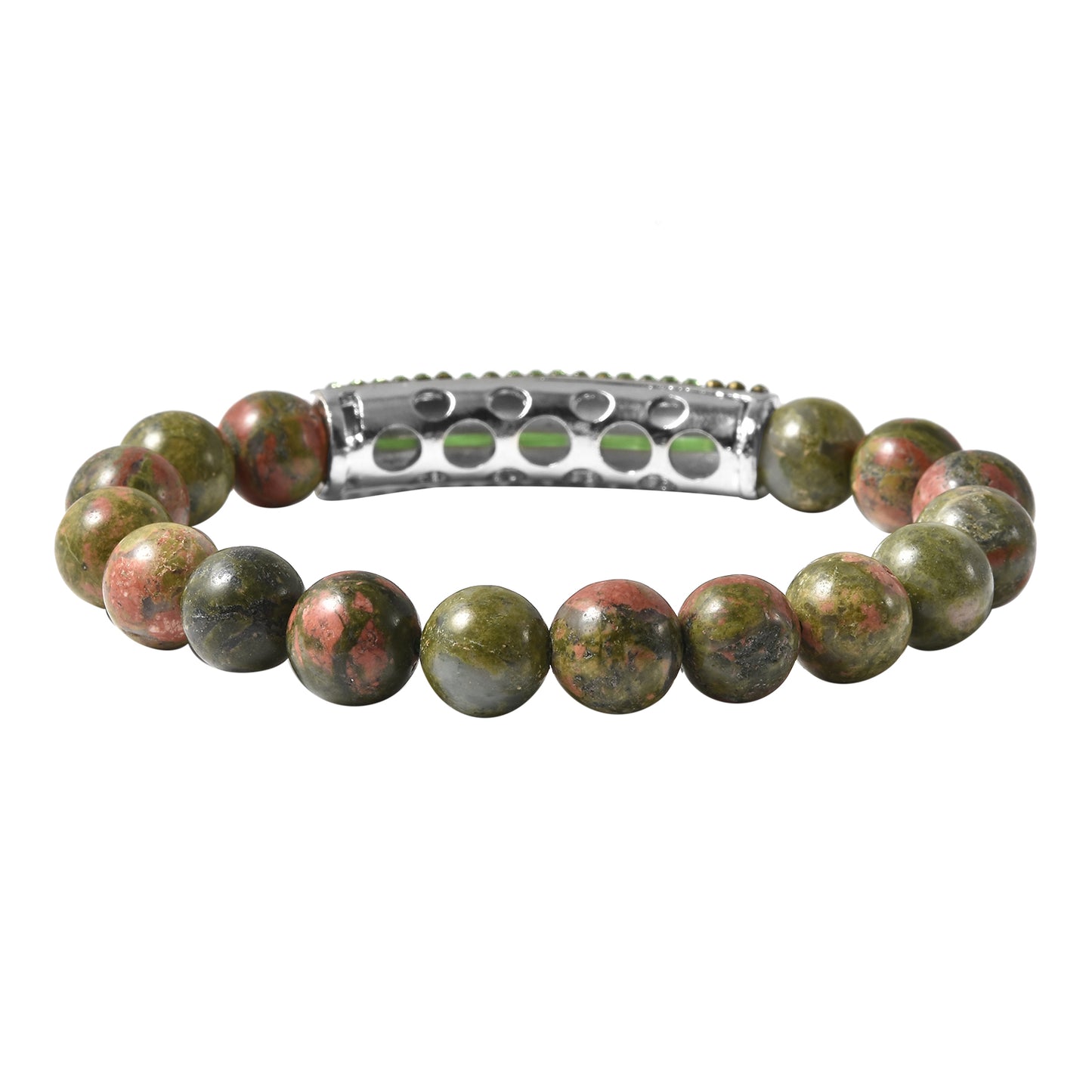 Unakite Beaded and Neon Green Crystal Bracelet with Center Charm