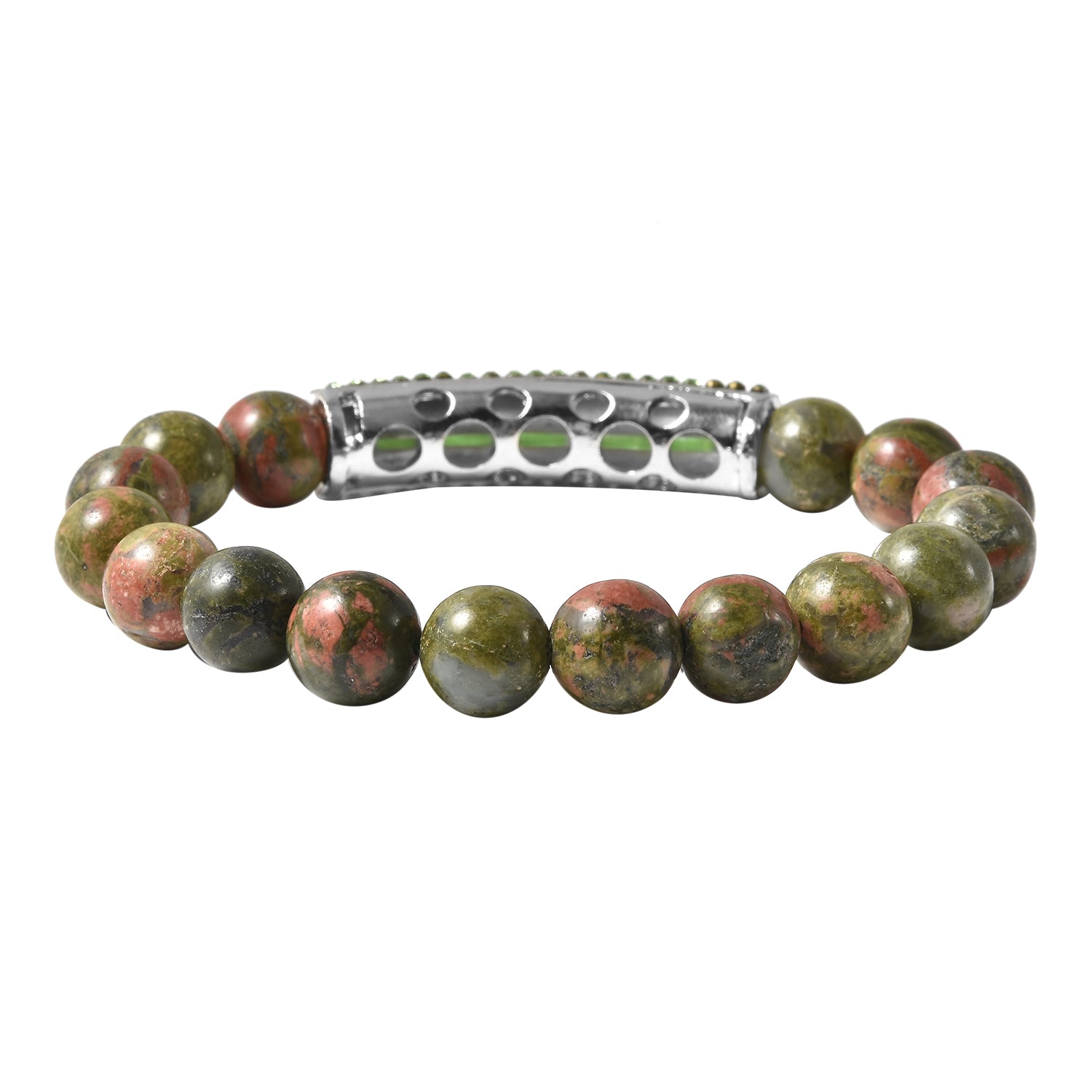 Unakite Beaded and Neon Green Crystal Bracelet with Center Charm