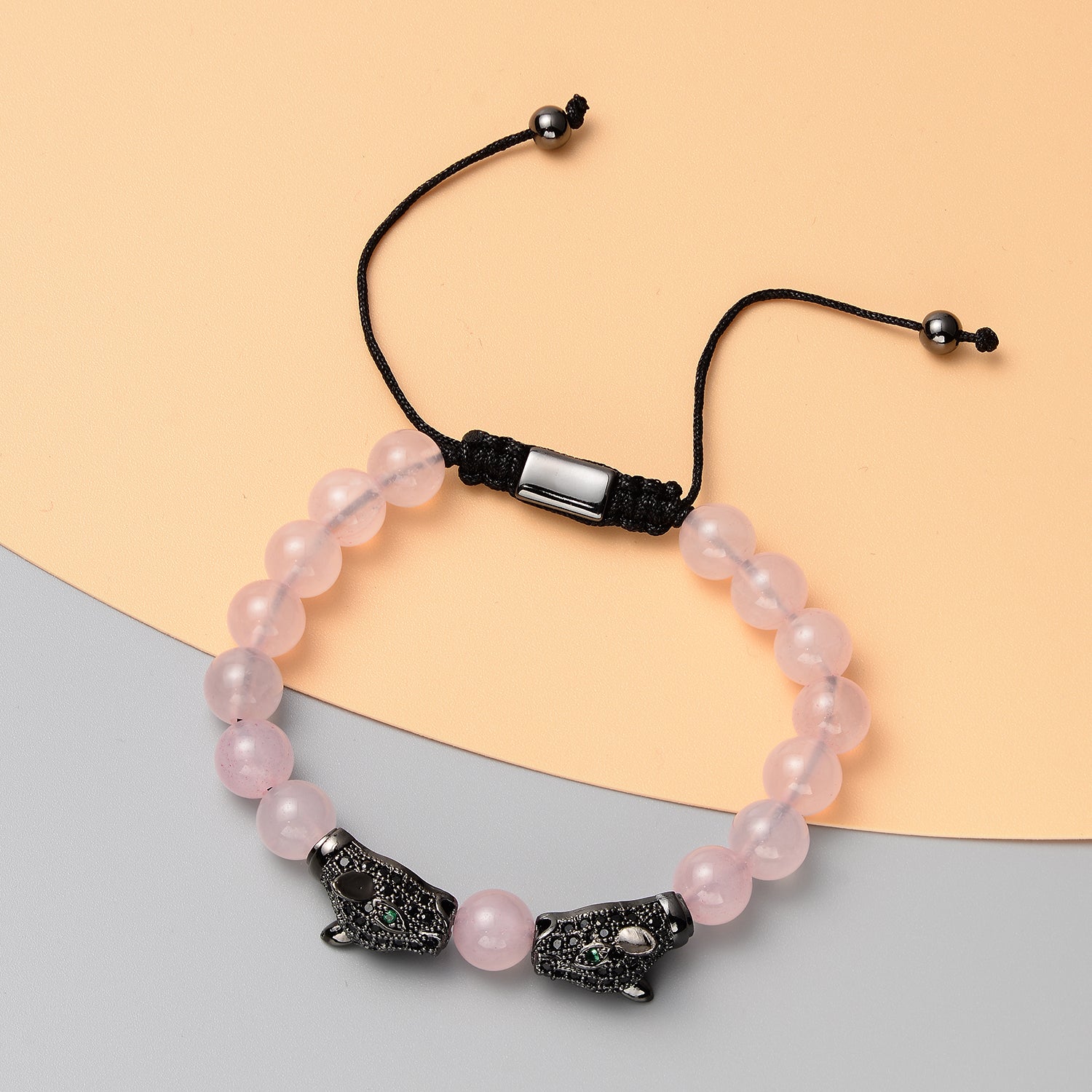 Galilea Rose Quartz, Simulated Black & Green Diamond Double Panther Head Bracelet