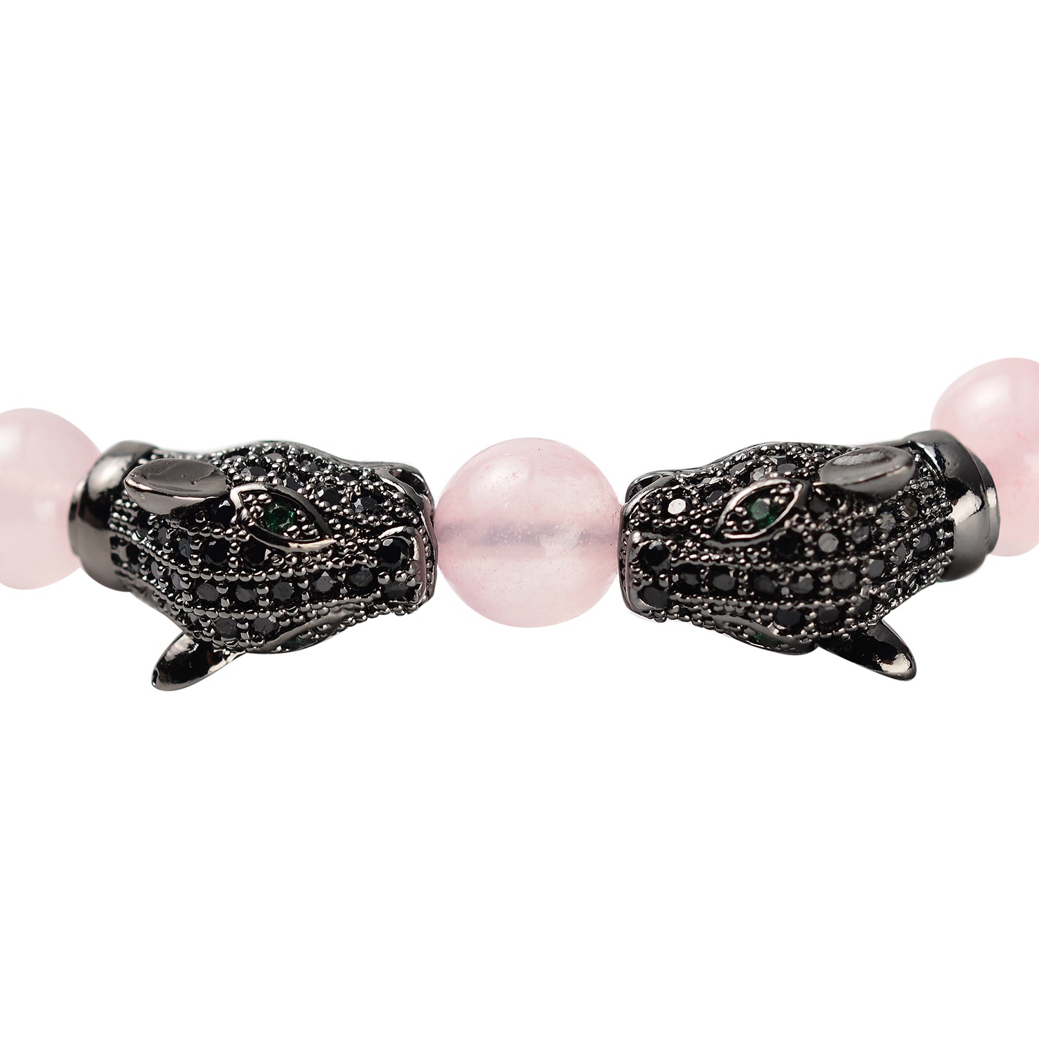 Galilea Rose Quartz, Simulated Black & Green Diamond Double Panther Head Bracelet