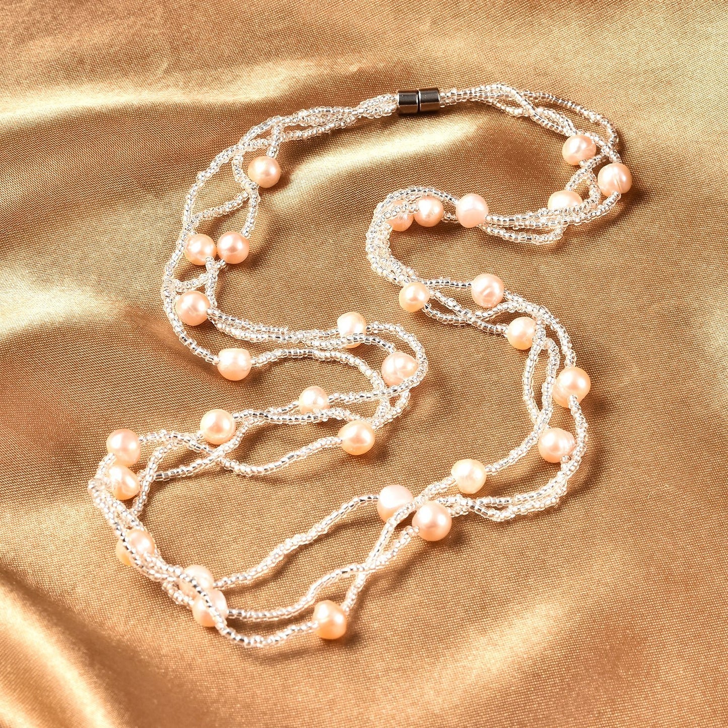 Peach Freshwater Cultured Pearl and Glass Beaded Necklace 18 Inches