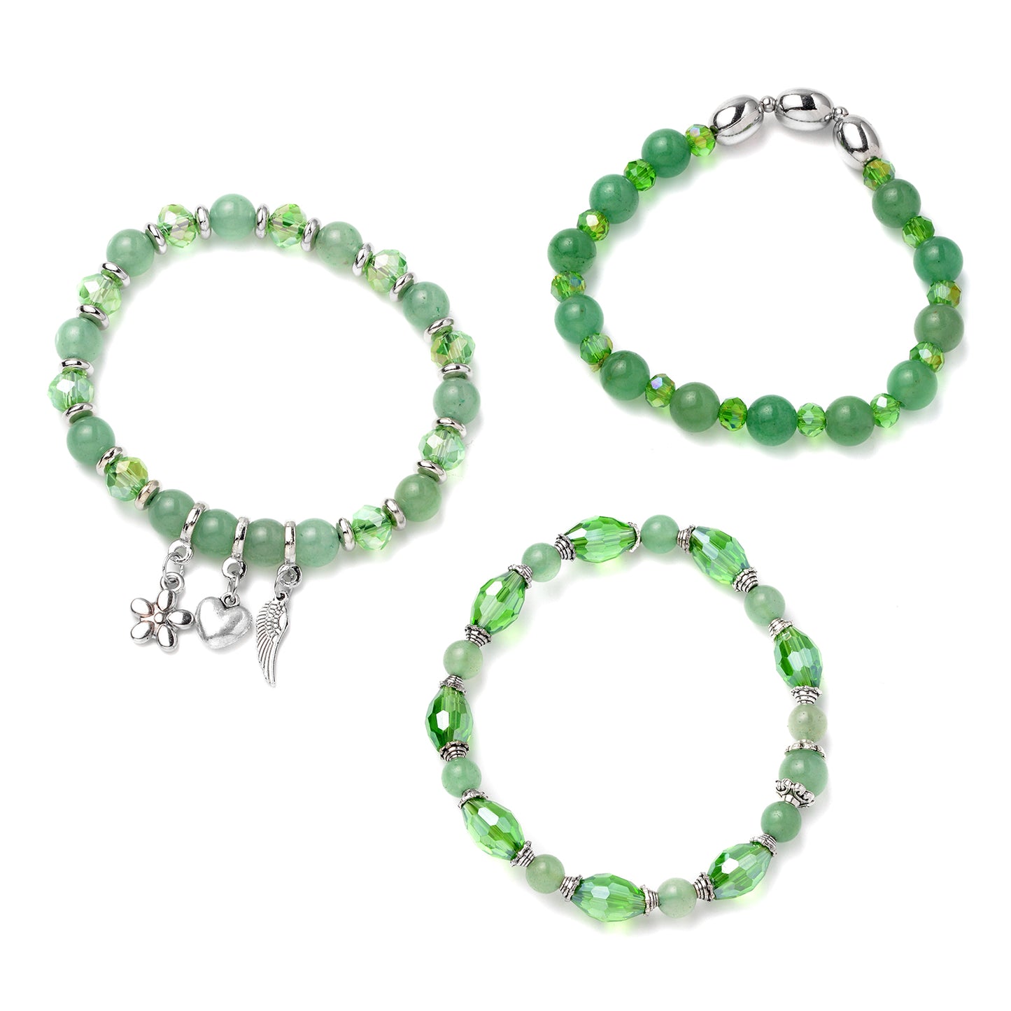 Set of 3 Green Aventurine and Simulated Green Diamond Beaded Stretch Charm Bracelet