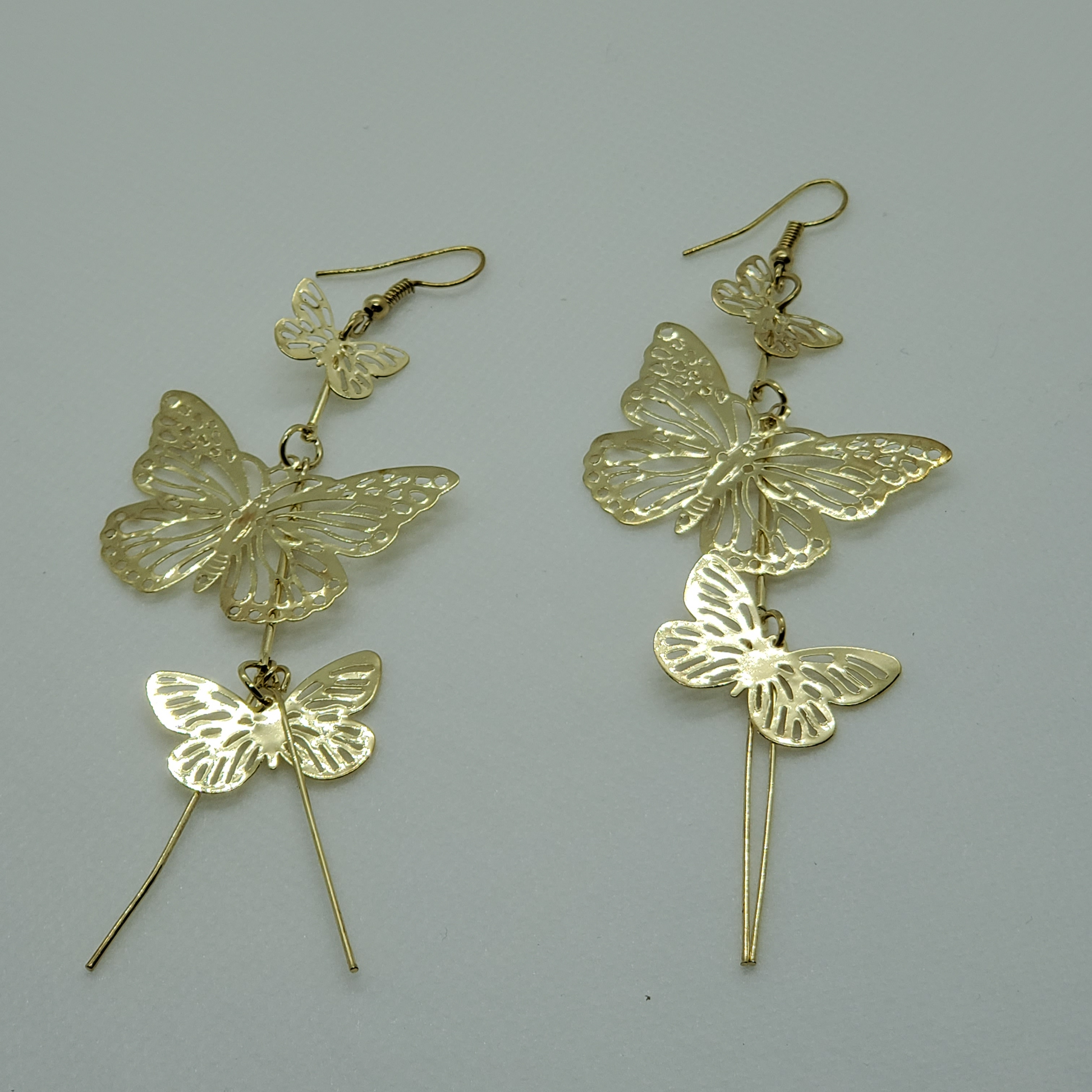 Delicate Filigree Dangle Triple Butterfly Drop Hook Earrings