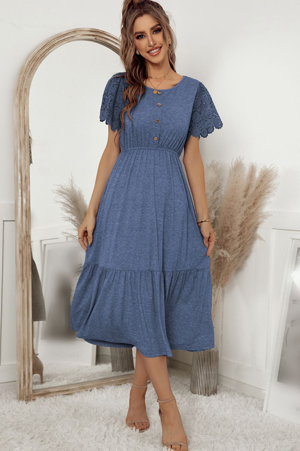 Decorative Button Round Neck Lace Sleeve Dress