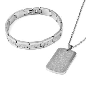 Men's Bracelet and Honey Comb  and Textured Dog Tag Pendant Necklace