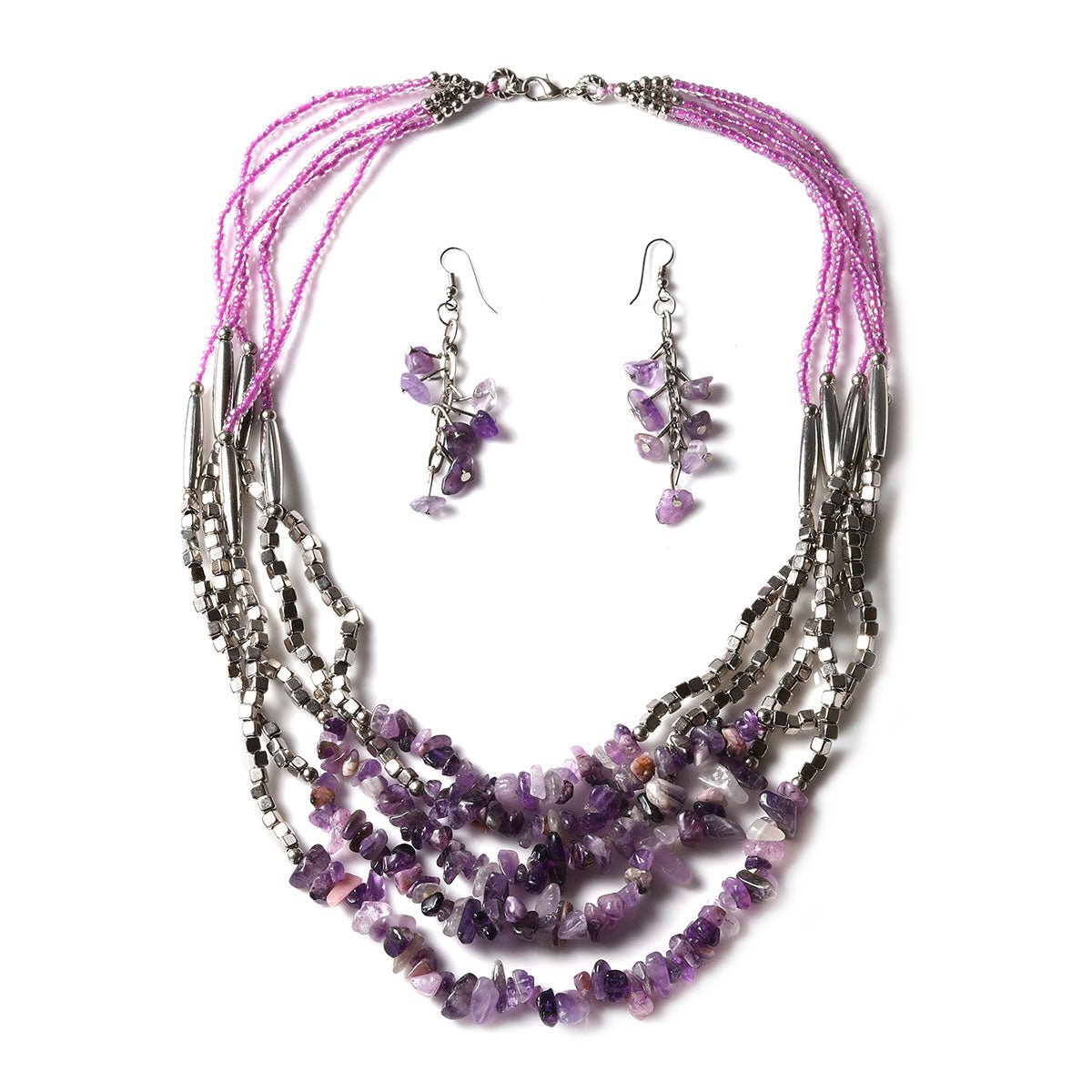 Handmade Amethyst Chips Earrings and Multi Strand Necklace 24 Inch