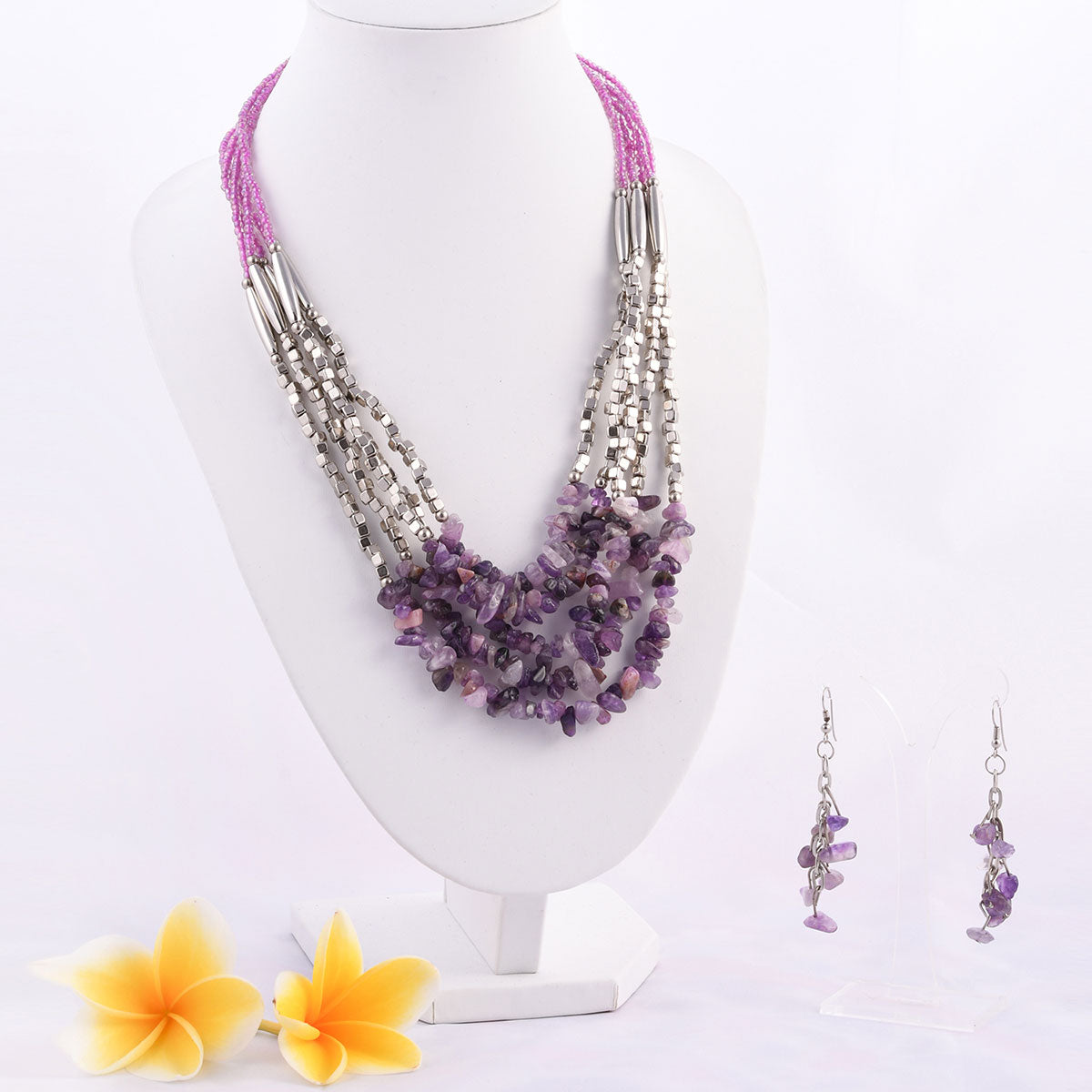 Handmade Amethyst Chips Earrings and Multi Strand Necklace 24 Inch