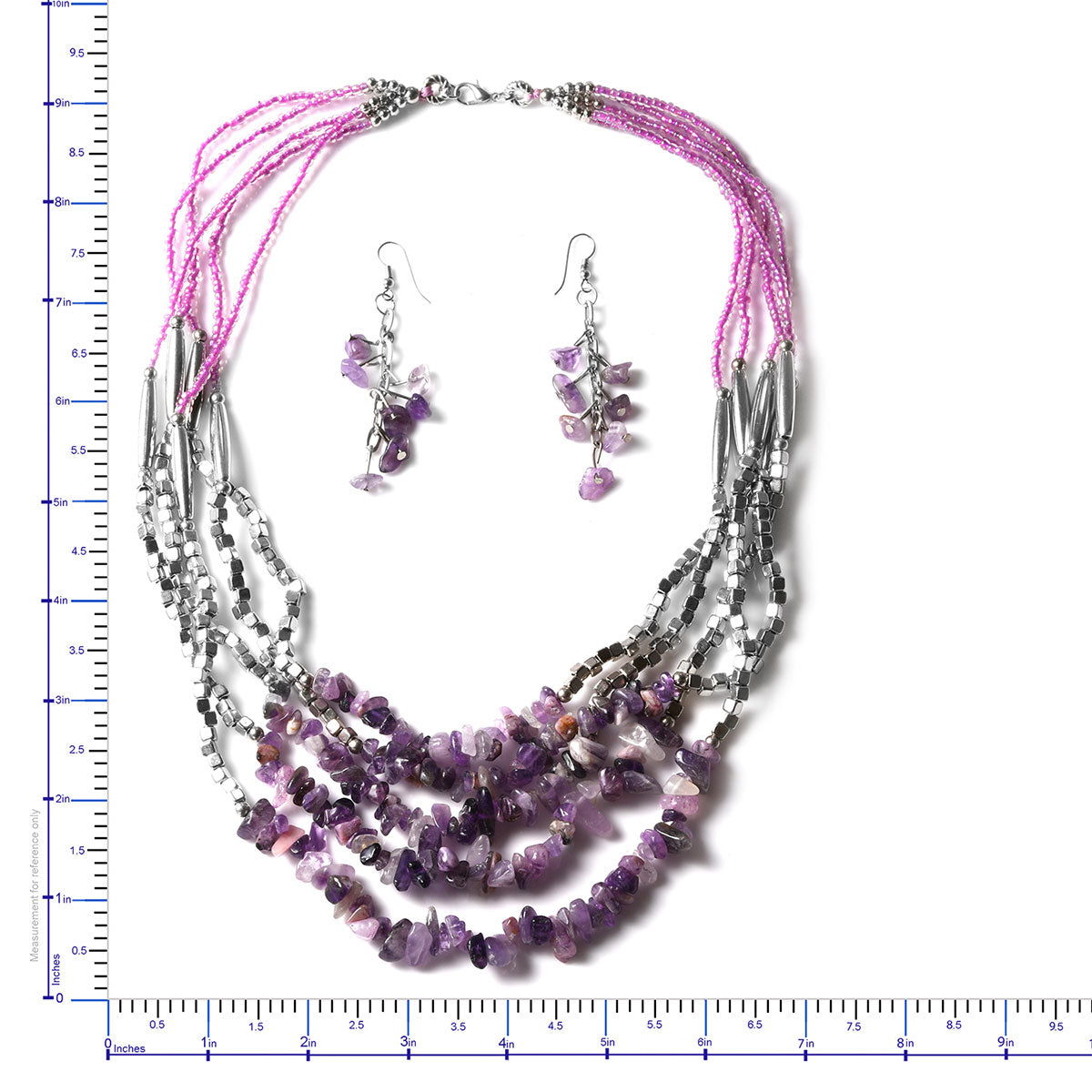 Handmade Amethyst Chips Earrings and Multi Strand Necklace 24 Inch