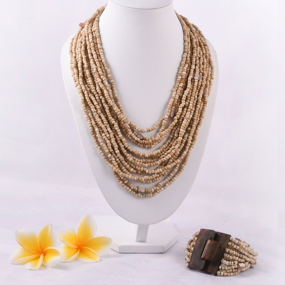 Handmade Earth Tone Seed Beads and Shell Wooden Buckle Stretch Bracelet