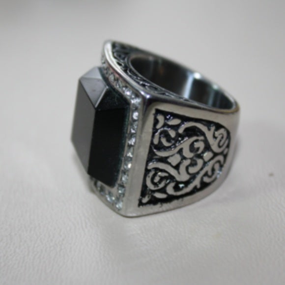 Black Agate and White Austrian Crystal Sterling Silver Ring