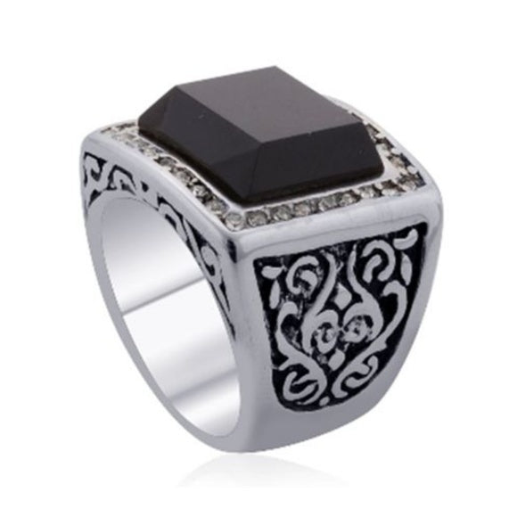 Black Agate and White Austrian Crystal Sterling Silver Ring