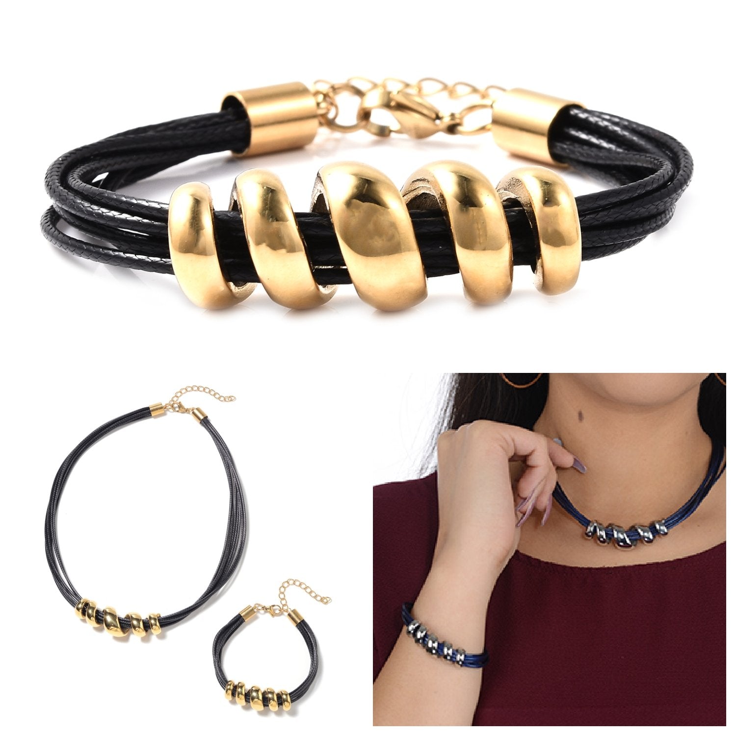 Spiral Faux Leather Cord and Matching Bracelet Set