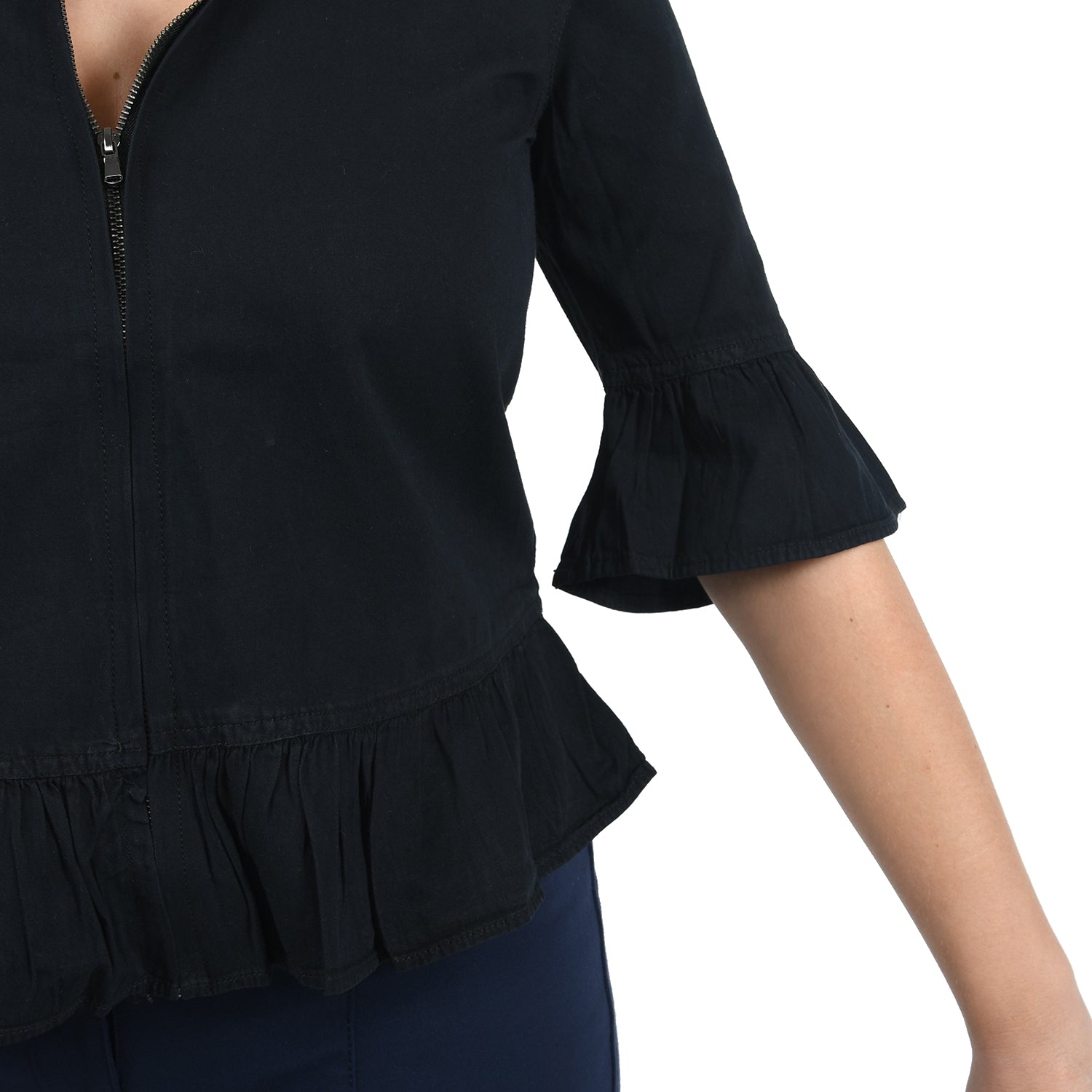 Black Denim Zip-Front Top Size XS
