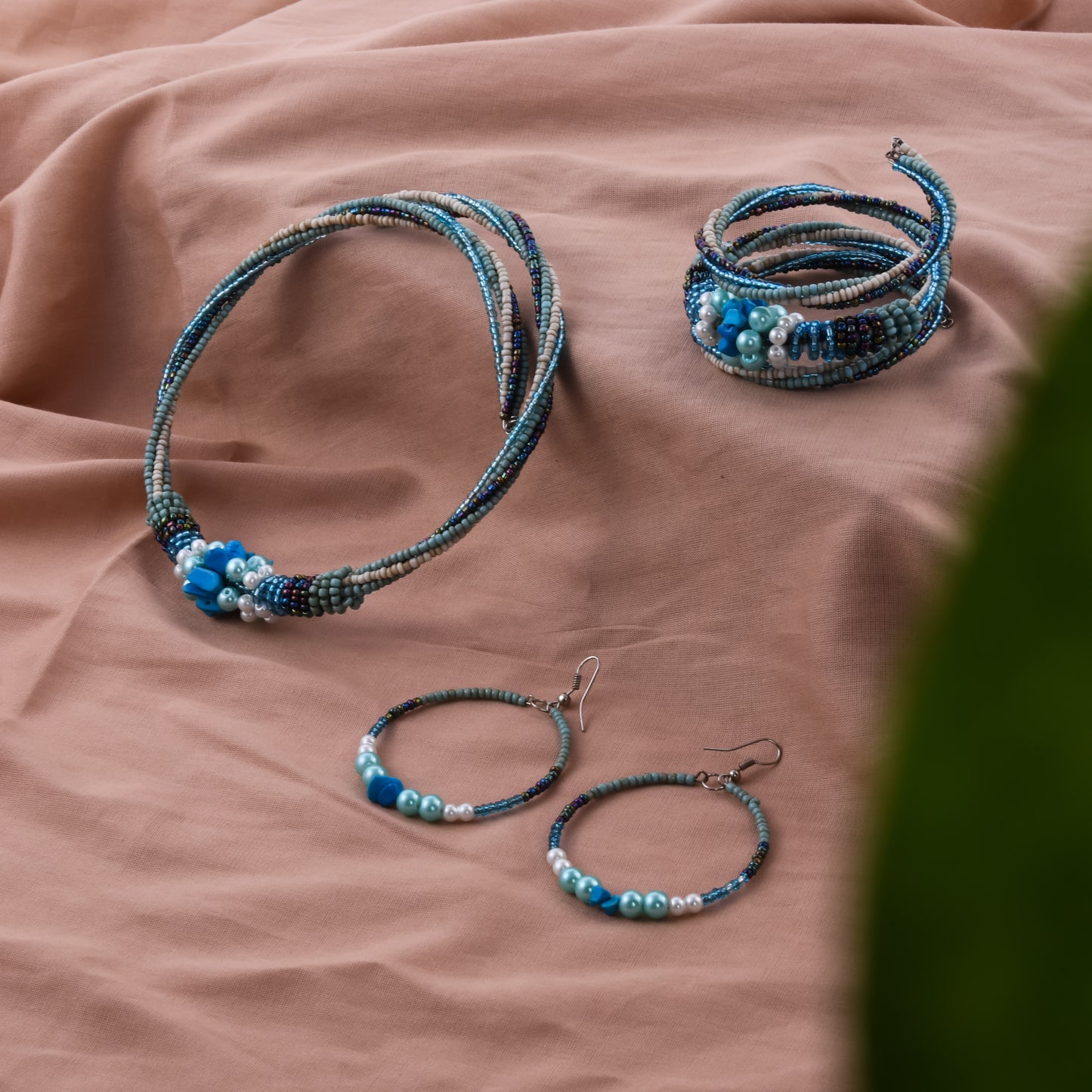 Blue and Cream Seed Bead, Glass Pearl Earrings, Neckwire and Wrap Bracelet