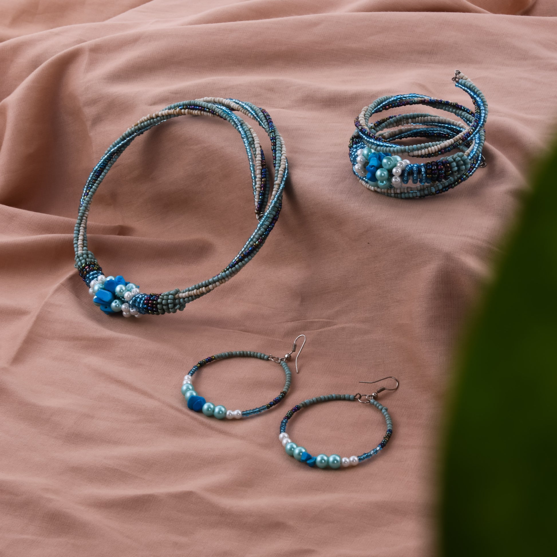 Blue and Cream Seed Bead, Glass Pearl Earrings, Neckwire and Wrap Bracelet