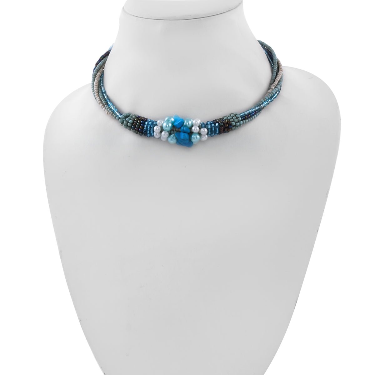 Blue and Cream Seed Bead, Glass Pearl Earrings, Neckwire and Wrap Bracelet