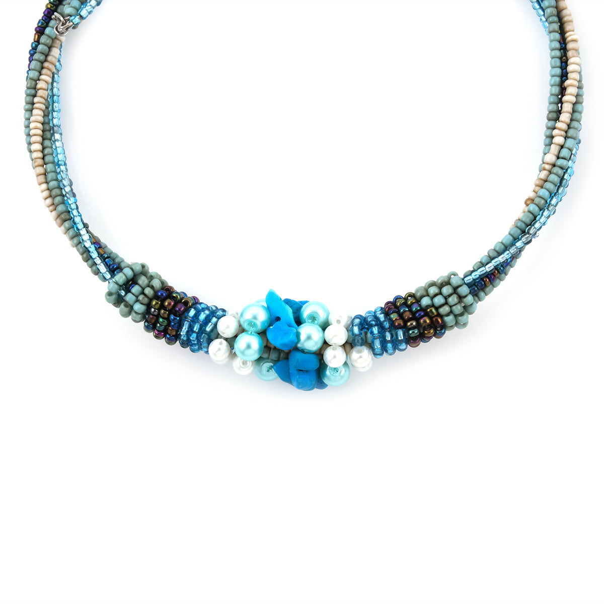 Blue and Cream Seed Bead, Glass Pearl Earrings, Neckwire and Wrap Bracelet