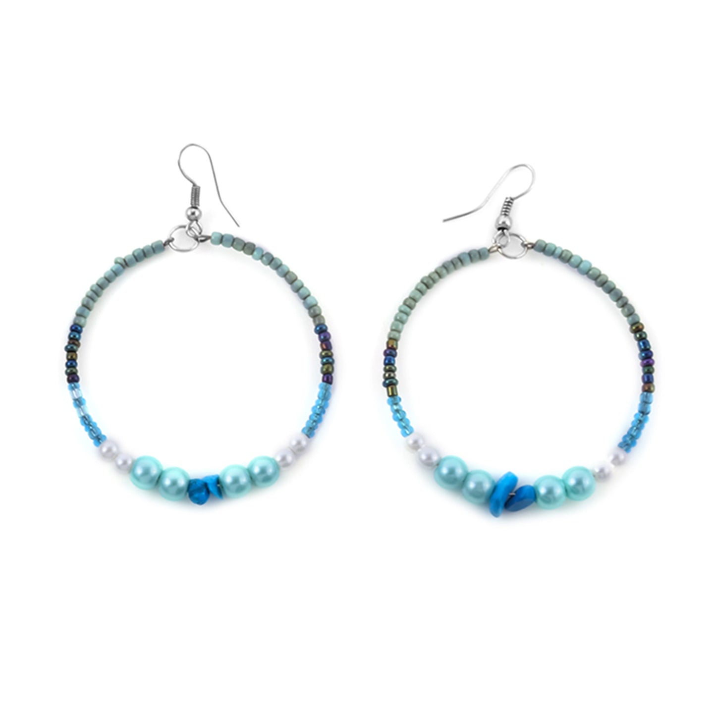 Blue and Cream Seed Bead, Glass Pearl Earrings, Neckwire and Wrap Bracelet