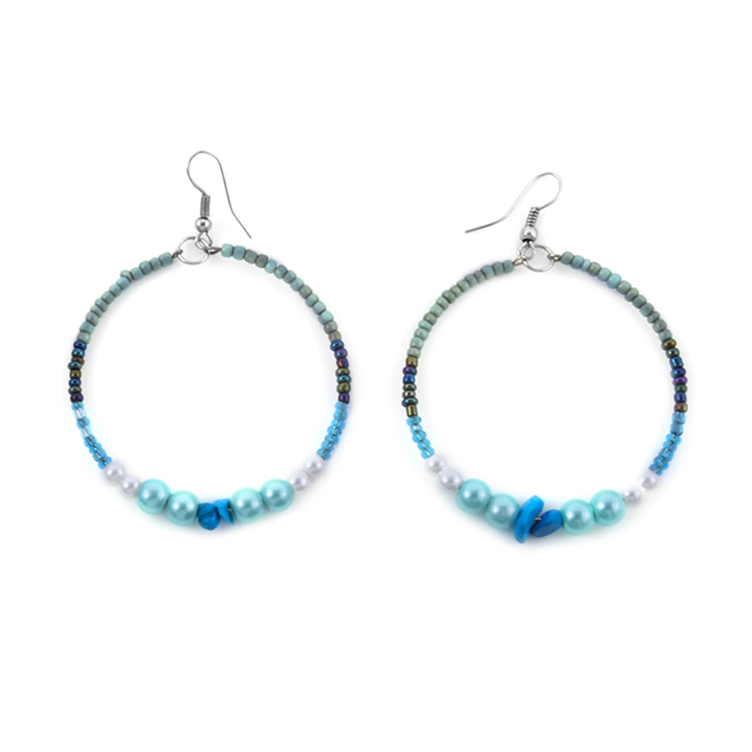 Blue and Cream Seed Bead, Glass Pearl Earrings, Neckwire and Wrap Bracelet