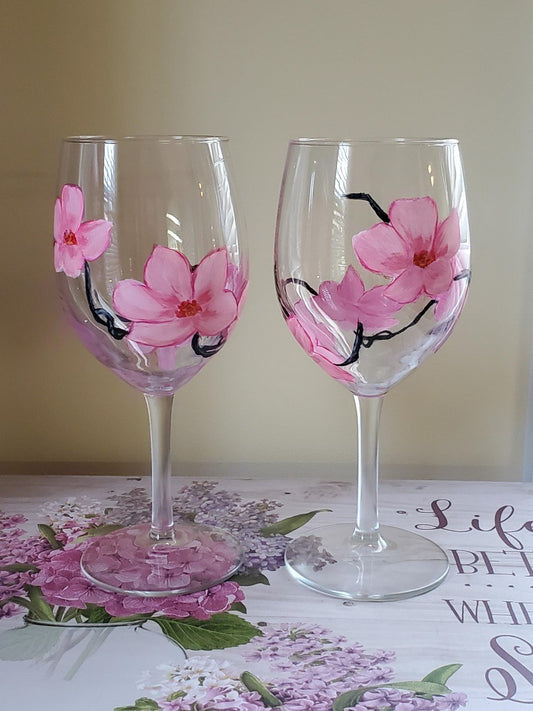 Set of 2 Hand Painted Cherry Blossom Wine Glasses Wine Glass Whimsicalia