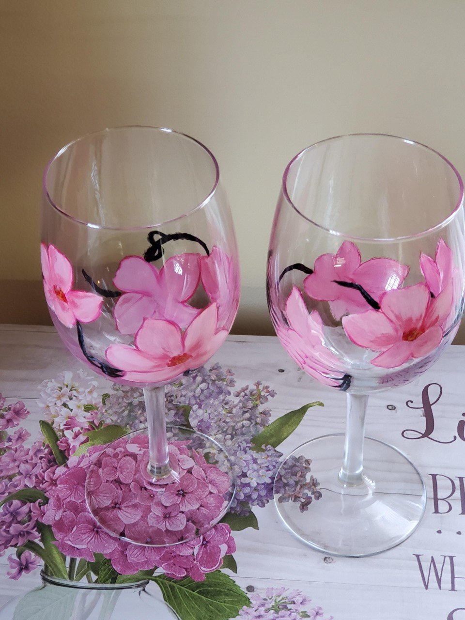 Set of 2 Hand Painted Cherry Blossom Wine Glasses Wine Glass Whimsicalia
