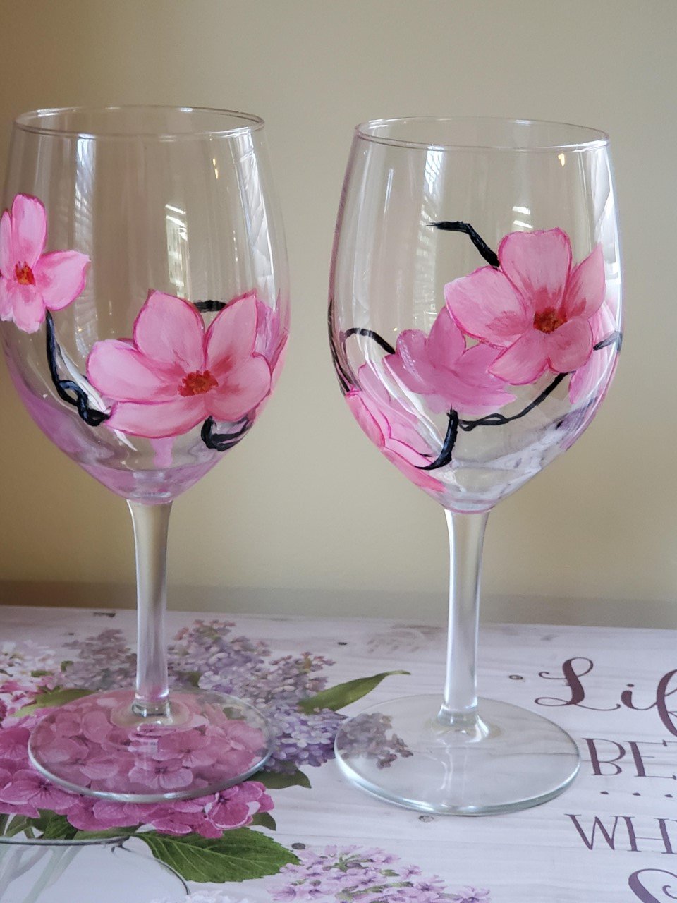 Set of 2 Hand Painted Cherry Blossom Wine Glasses Wine Glass Whimsicalia