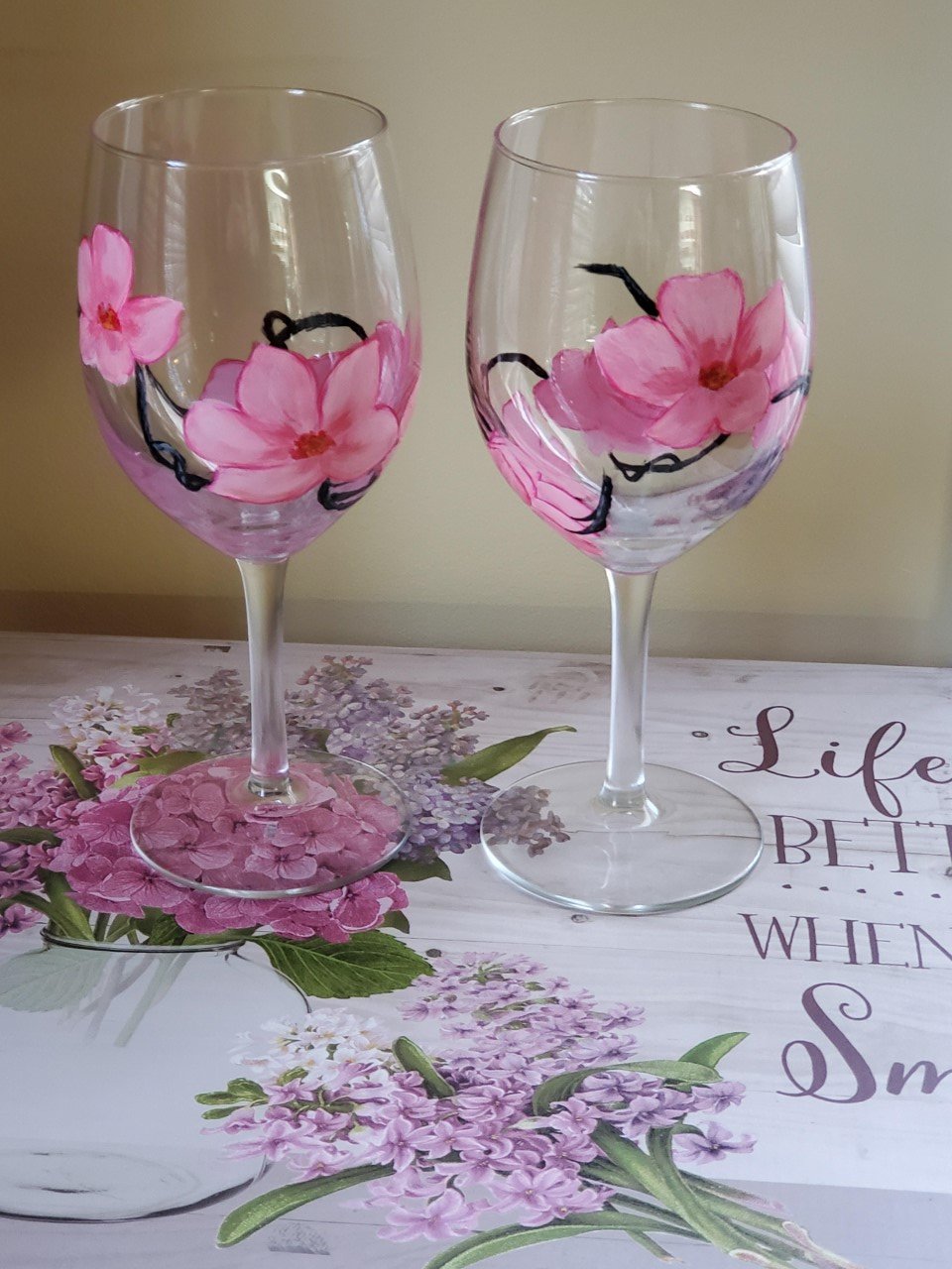 Set of 2 Hand Painted Cherry Blossom Wine Glasses Wine Glass Whimsicalia