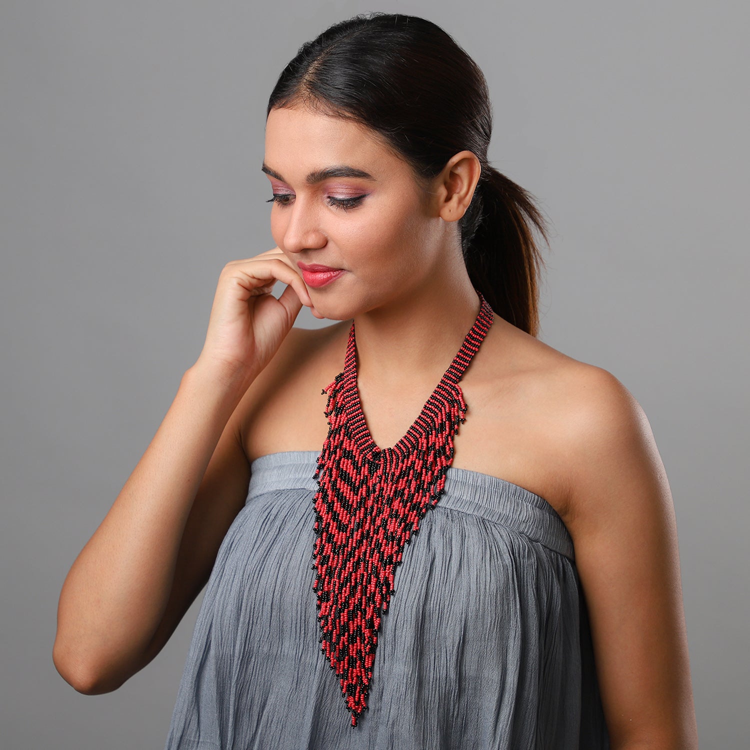 American Native Coral Glass Seed Beaded Necklace