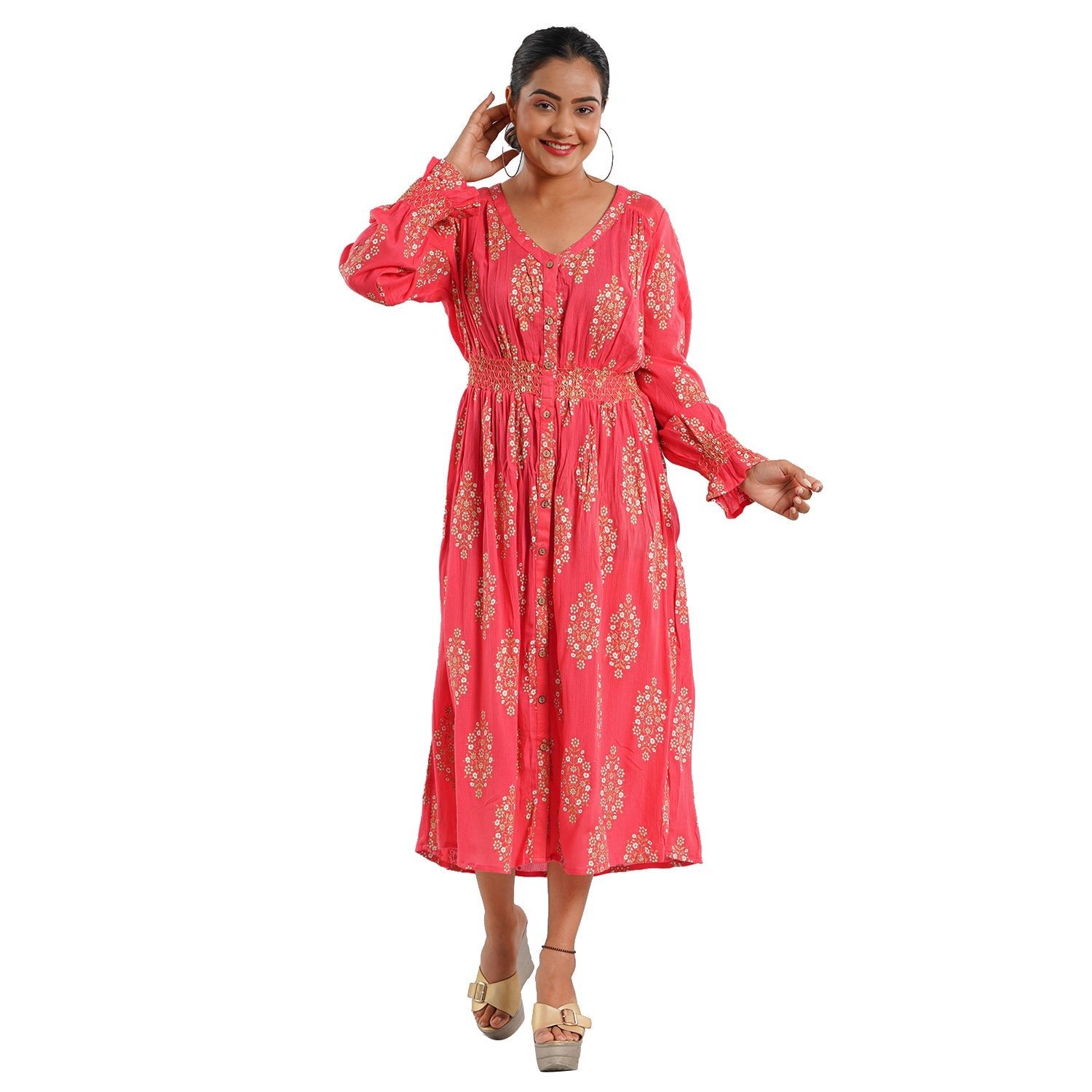 Coral or Navy Rayon Button Front Midi Dress with Smocking