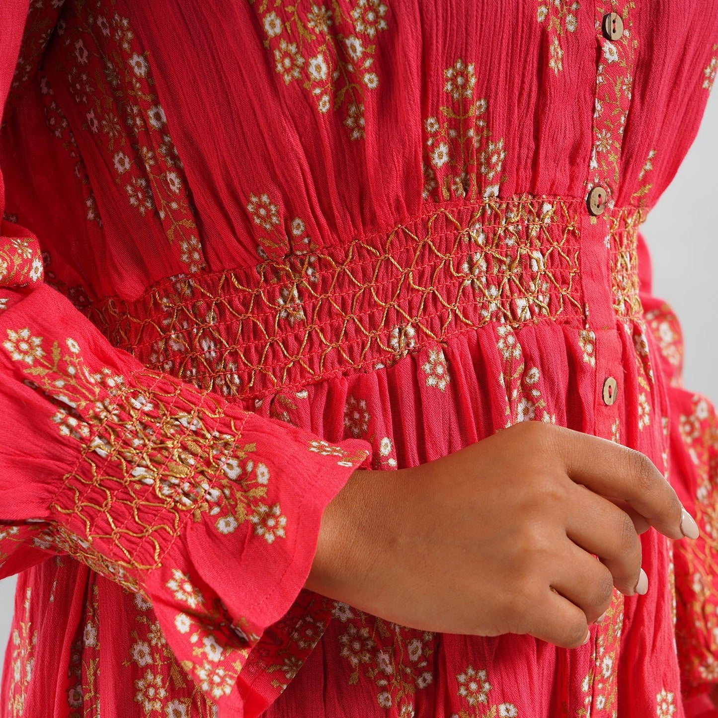 Coral or Navy Rayon Button Front Midi Dress with Smocking