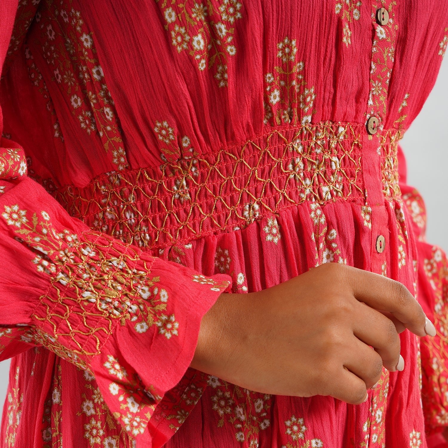 Coral or Navy Rayon Button Front Midi Dress with Smocking