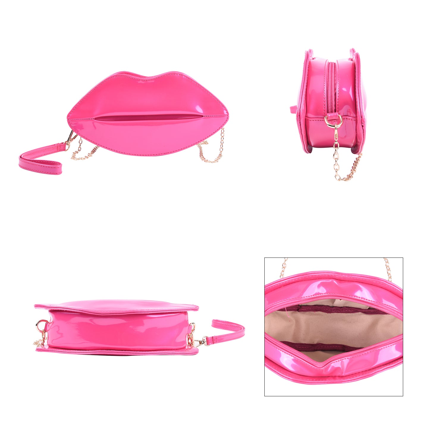 Dark Pink Faux Leather Iconic Lips Clutch Bagwith Shoulder Strap