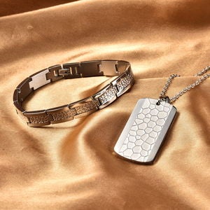 Men's Bracelet and Honey Comb  and Textured Dog Tag Pendant Necklace