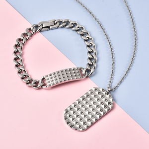 Men's Bracelet and Honey Comb  and Textured Dog Tag Pendant Necklace