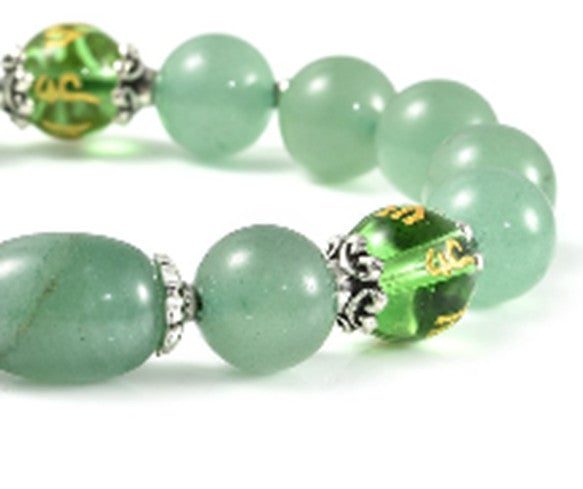Feng Sui Green Aventurine and Engraved Green Glass Beaded Bracelet