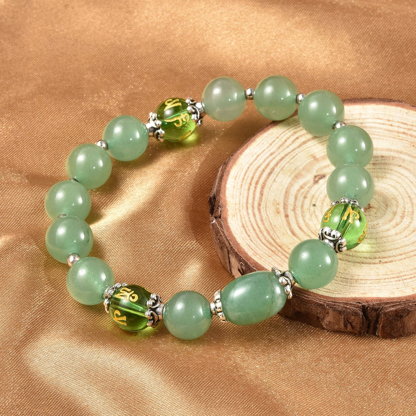 Feng Sui Green Aventurine and Engraved Green Glass Beaded Bracelet